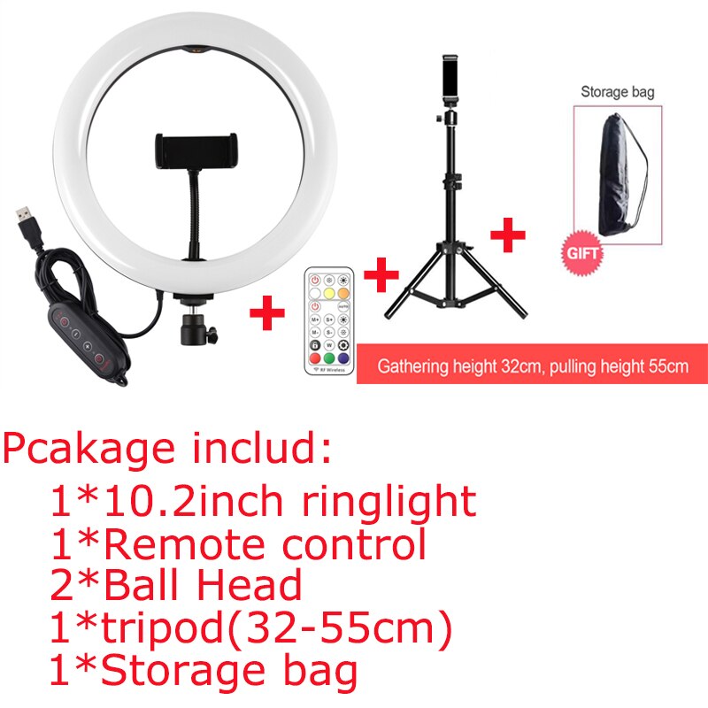 10.2 Inch Gebogen Oppervlak Usb Rgbw Dimbare Led Selfie Ring Vullen Licht Lamp Met Statief Afstandsbediening & Telefoon Klem voor Make-Up: package A