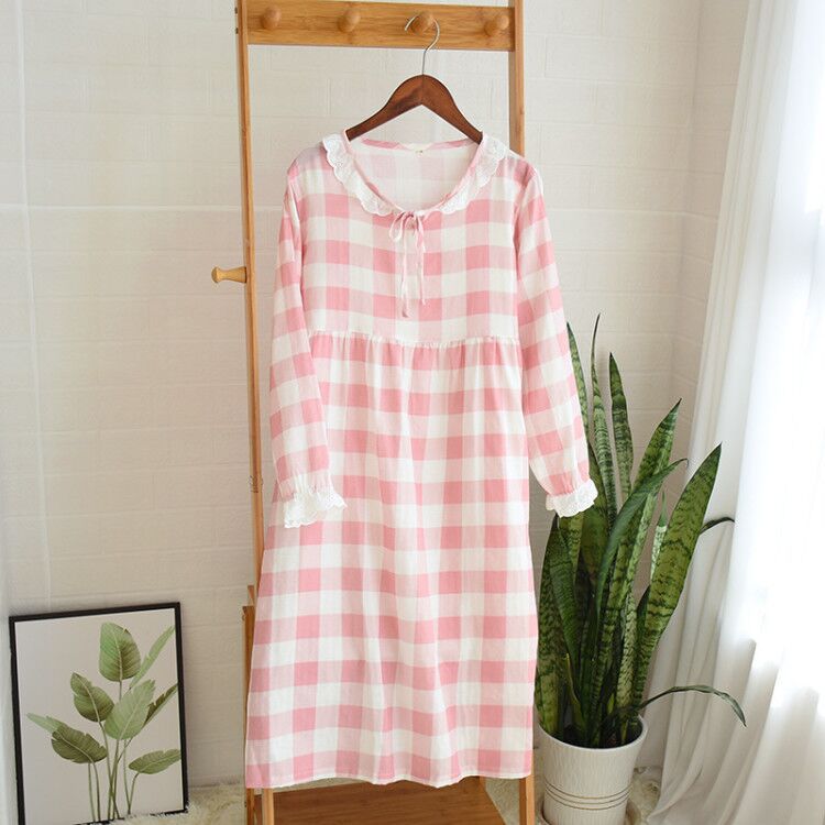 Women's Double Layer Gauze Nightdress Spring Long Sleeve Simple Plaid Nightgown Plus Size Sleepwear Cotton Sleeping Dress