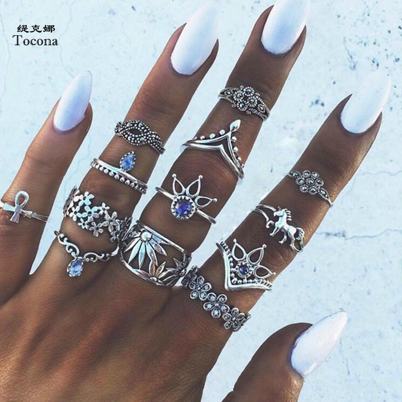 Tocona 13 Stks/set Bohemen Antiek Zilver Kleur Kroon Bloem Eenhoorn Gesneden Ringen Sets Knuckle Ringen Voor Vrouwen Sieraden 4841