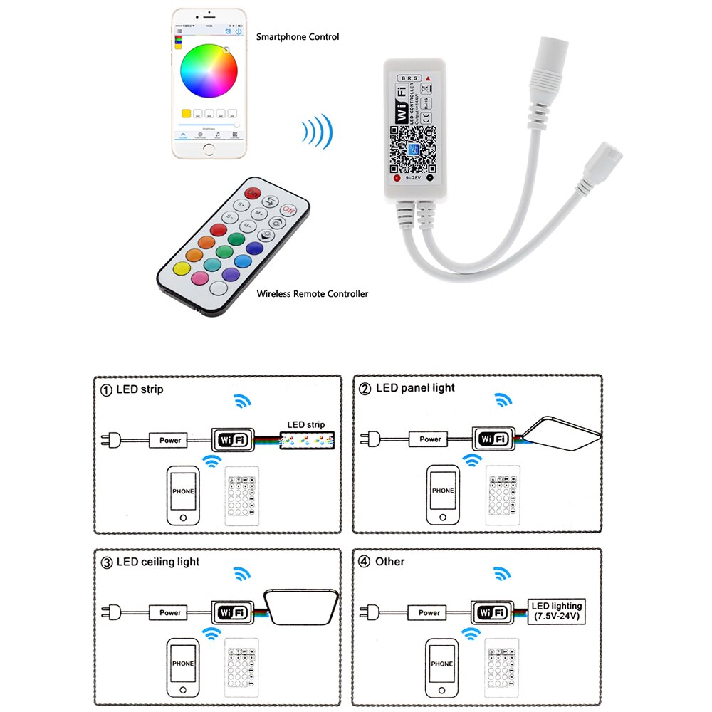 Wifi rgb / rgbw ledet kontroller mini  dc12v med 24 nøkkel ir  / 21 nøkkel rf fjernkontroll til rgb / rgbw ledet stripe smart telefon app kontroll