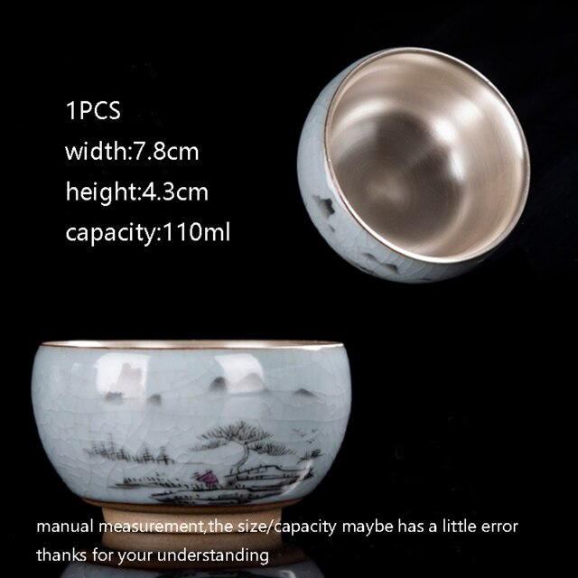110ml 999 taza de té de plata pura hecha a mano de cerámica pintada a mano maestro pequeño cuenco taza de té de colección: 2 as pic