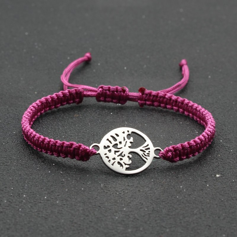 Pulsera de cuerda hecha a mano para hombre y mujer, brazalete de acero inoxidable con colgante de árbol de la vida, ajustable, para pareja: Rose Red