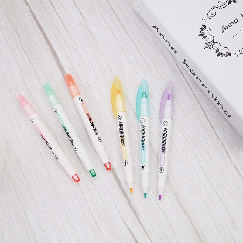 Yisuremia 6Pcs/Box Double Head Highlighter Pen Set Visual Highlight Markers Fluorescent Pens Art Marker Graffiti Tool Stationery