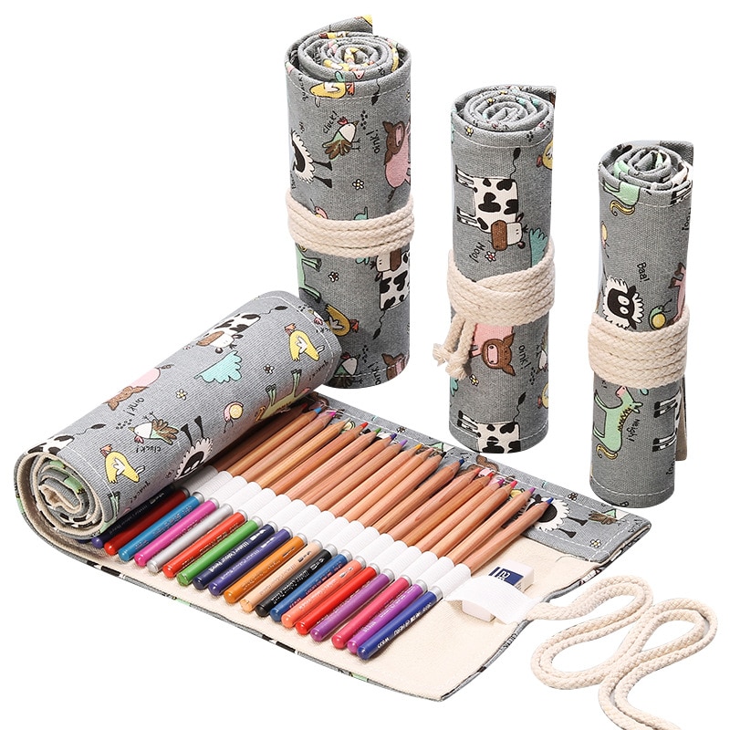 Tegneserie ko pen taske rulle skole penalhus til piger drenge penalhus 12/24/36/48/72 store lærred boks papirvarer kit