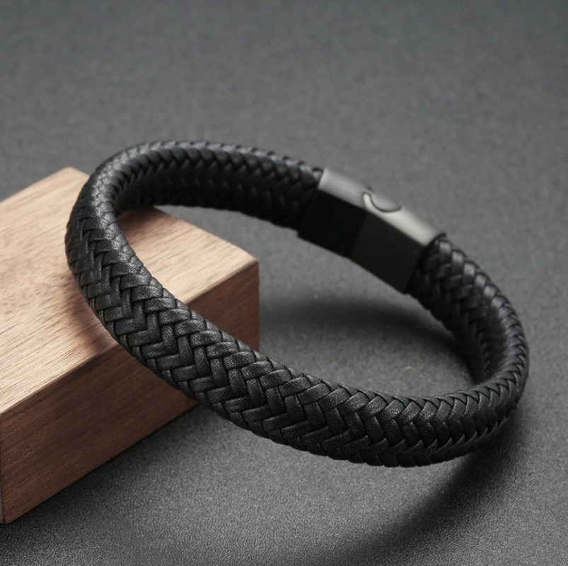 Mænds smykker håndlavet flettet læderarmbånd sort rustfrit stål magnetiske spænder mænds armbånd