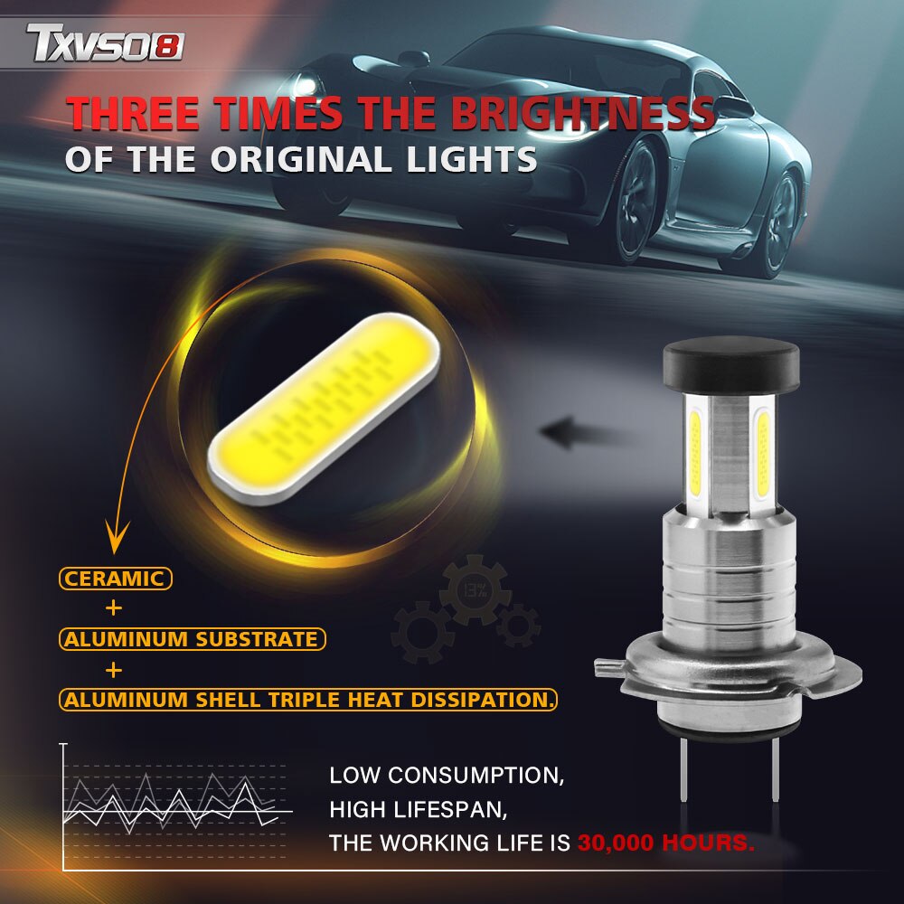 Cartnt 2 stk super lyse led  h7 forlygter 6000k hvid lys lampe universal mini bil pærer 200w 30000lm focos bmw led bil