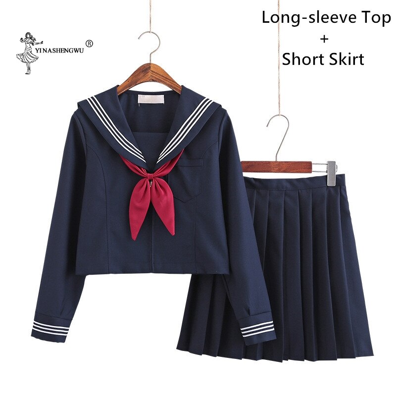 Navy blue JK uniform Autumn Summer Short/long Sleeve Japanese School Uniforms For Girls Sailor Pleated Skirt JK Sets Uniform: 2 Pcs Long-Short / L