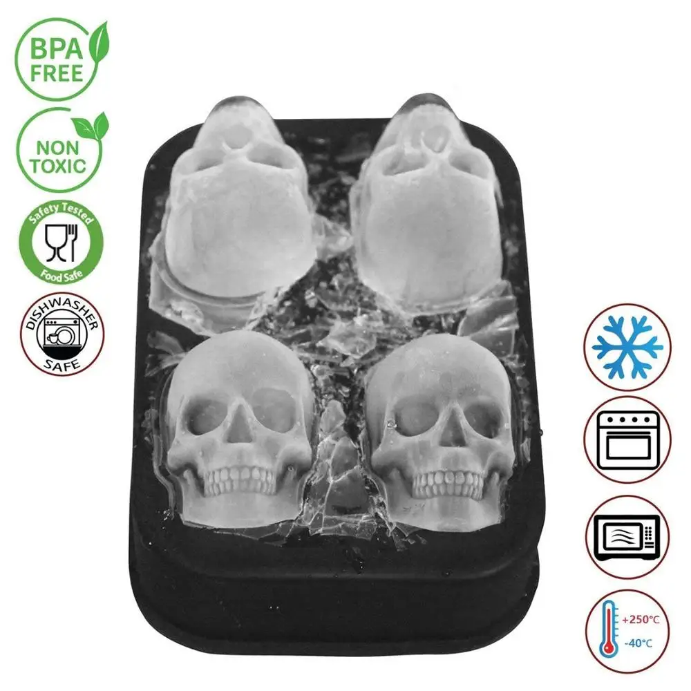 3D Skull Ice Cube Tray, Silicone Ice Maker Molds with Funnel, 4 Cavity Ice Cube Tray for Ice Cream & Party