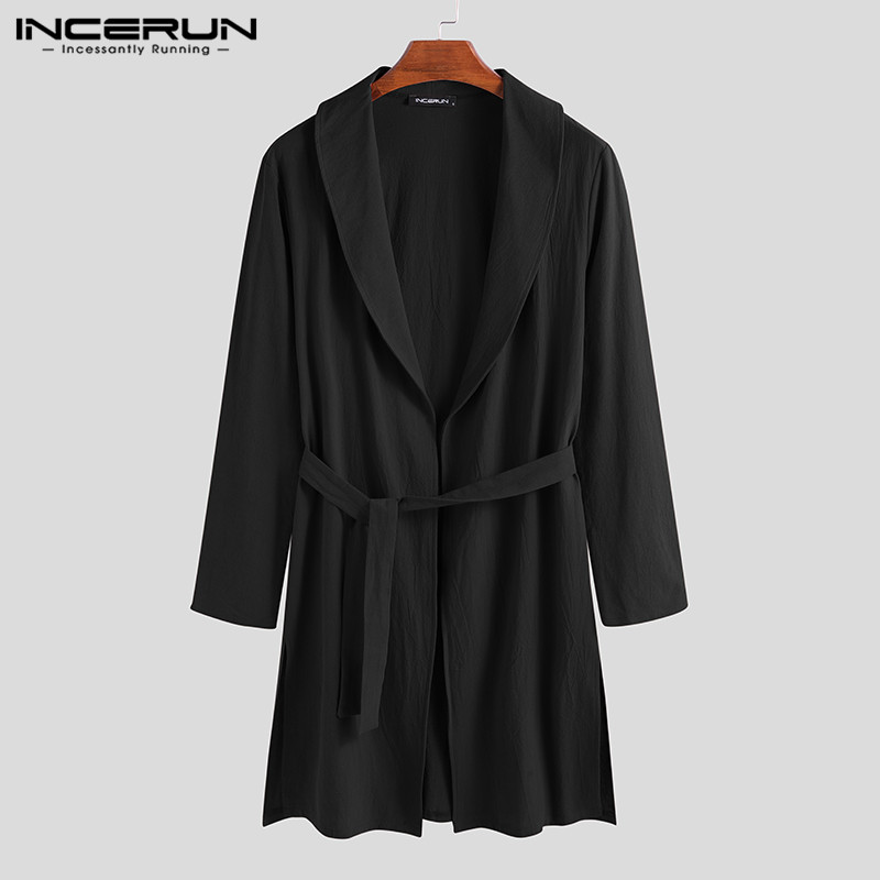 INCERUN Mode Comfort Katoen Mannen Solid Revers Lange Mouw Nachtjapon Heren Badjas Casual Riem Kamerjas Homewear Pyjama: Black / M
