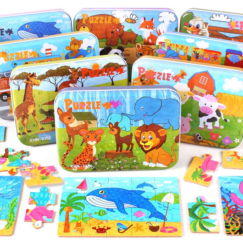 9/12/15/20 stücke puzzle vier in einem eisen boxed cartoon puzzle pädagogisches spielzeug für kinder 3-6 jahre alten jungen und mädchen