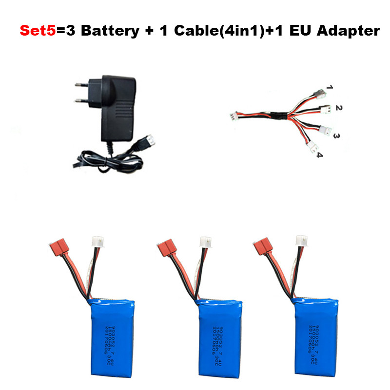 7.4V 1500mah Hoge capaciteit Li-po Batterij + Kabel (4in1) + lader voor JJRC Q39 Wltoys A959-B A969-B A979-B K929-B RC Auto Onderdelen: Set5