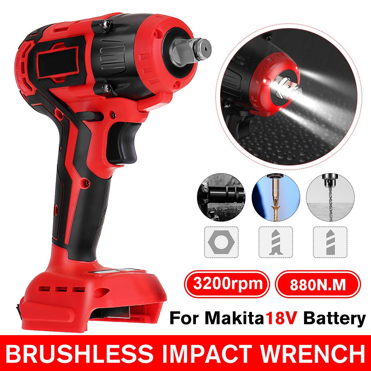Drillpro Cordless Electric Screwdriver 18V Brushless Impact Wrench Rechargable Drill Driver Hammer with Light for Makita Battery