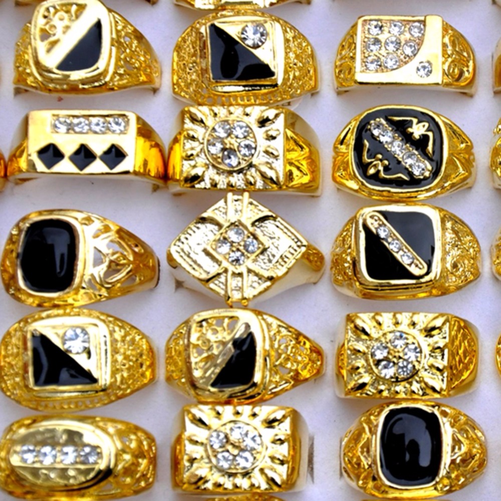 AOMU 10 stks/partij Vintage Klassieke Goud-Kleur Crystal Rhinestone Metalen Ring Man Brede Ringen Wedding Ring Party Mannen sieraden