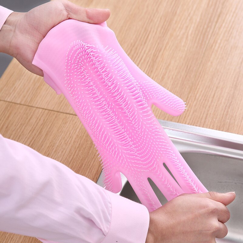 1 paar siliconen was handschoenen met borstel magische siliconen afwas handschoenen afwas voedsel schoonmaken gereedschap schrob handschoenen