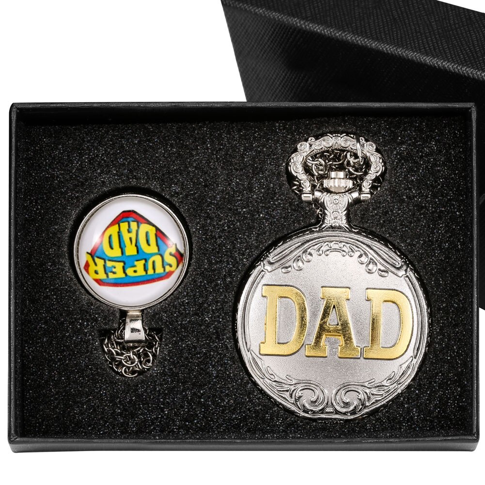 Vaders Dag Quartz Zakhorloge Hollow Gesneden Dad Zakhorloge Retro Creatieve Hanger Klok Ketting Ketting Super Dad: Watch Gift Set 4