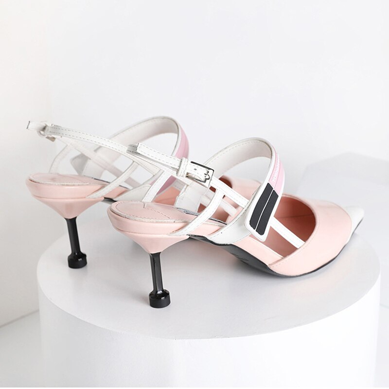 Stitching Pink color high heels women Pointed kitten heel sandals women Thin back slingback women pumps shoes