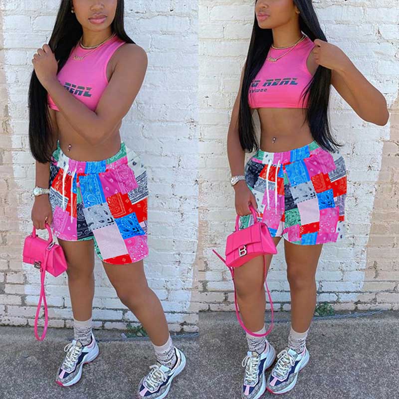 Bandana Vrouwen Mode Print Shorts Zomer Strand Losse Koord Shorts Casual Midi Taille Patchwork Korte Broek