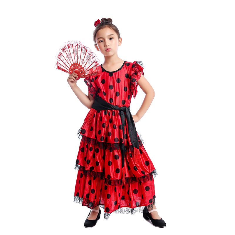 Vestidos de baile de España para niñas, trajes de baile de Flamenco para mujer, vestidos Maxi de manga de encaje con estampado de lunares tradicional, puesta en escena de equipo: XS