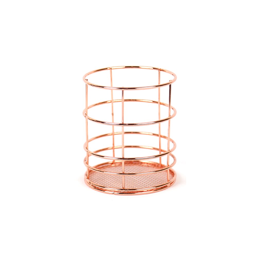 Office Desk Table Mesh Square Pencil Pot Cup Case Container Organizer Rose Gold Metal Pen Holder Home School Storage Basket: rose gold Round