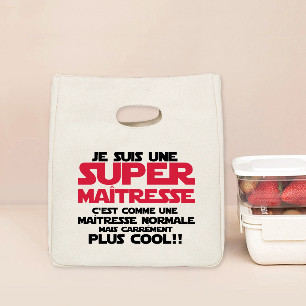 Merci Maitresse Maitre French Printed Lunch Bag Insulated Cooler Bento Tote Thermal Food Bags Teacher's Day for Teachers: WHITE