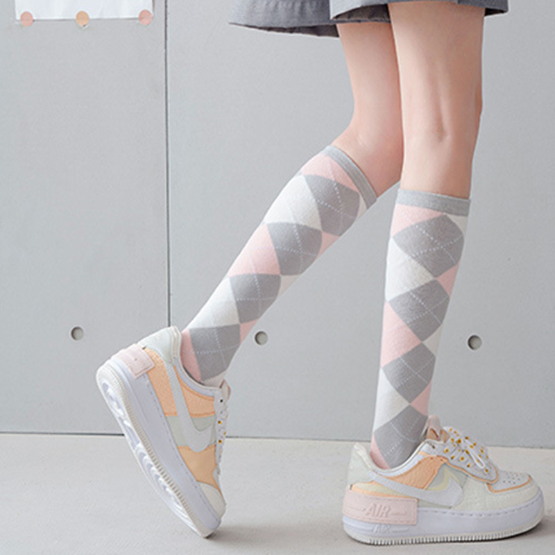 Diamond plaid pattern Green Knee socks women ins Party knee-high stockings Over Knee long ladies girls: Diamond D3