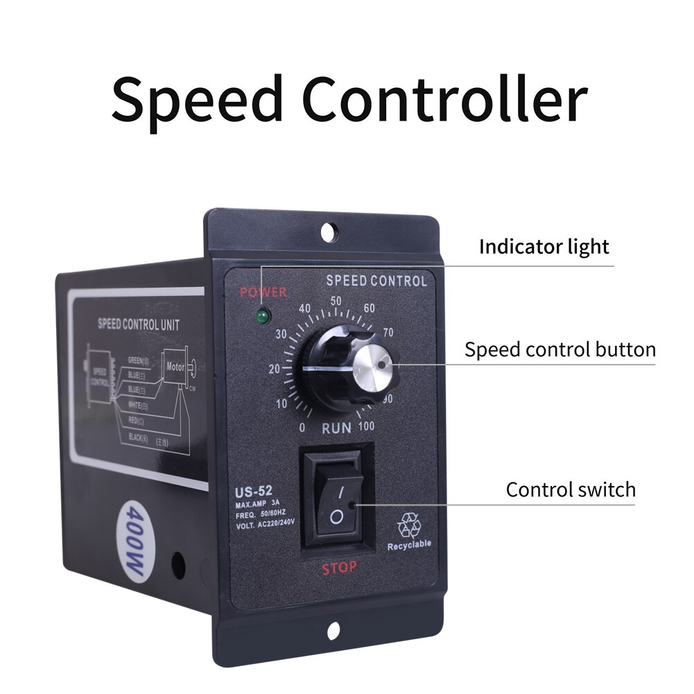Contrôleur de vitesse de moteur AC 400W, avec interrupteur marche/arrêt et bouton, variateur de vitesse, pour moteur AC 220V, 50HZ