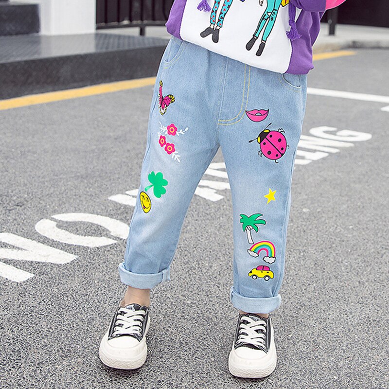 Girls Jeans Pants Spring Denim Jeans ladybug butterfly printing Children Pants Casual Trousers Jeans For Girls Clothes