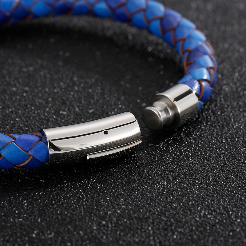 Handgemaakte Sieraden Heren Rvs Sluiting Bruin Blauwe Kleur 8Mm Lederen Koord Gevlochten Armband 215Mm