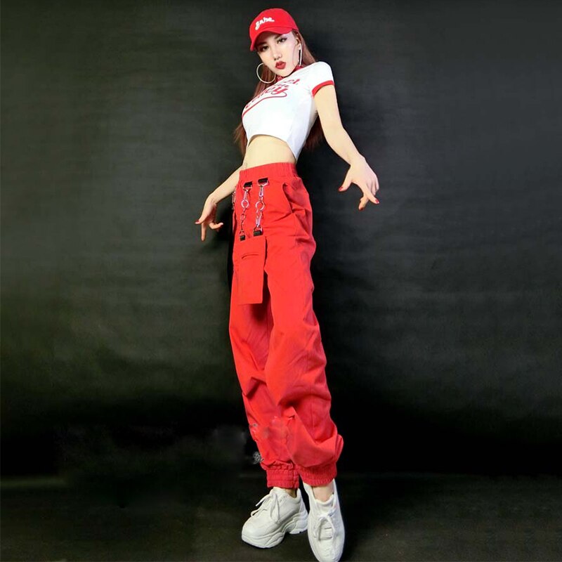 Costumes Hip Hop pour femmes, pantalon rouge à la , tenue de danse de rue, vêtements de Jazz, vêtements de Performance sur scène pour adultes, DNV12680