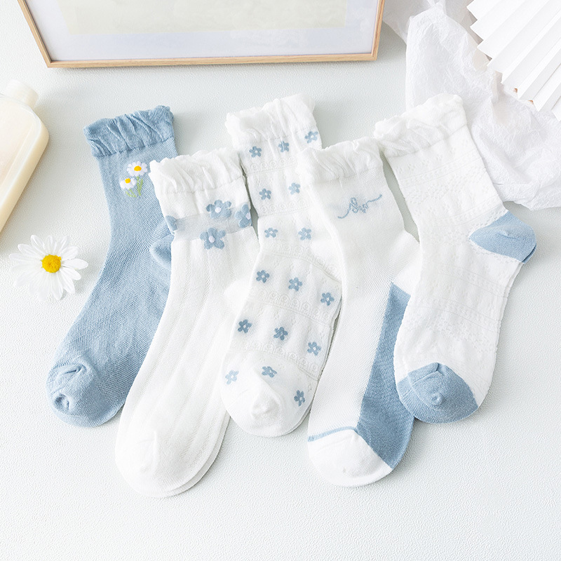 Baumwoll socken Frauen weiße Spitze weibliche dünne Mittel rohr eins Blumen druck niedlichen Baumwolle Frühling Herbst Sommer Rüschen Mädchen Strümpfe