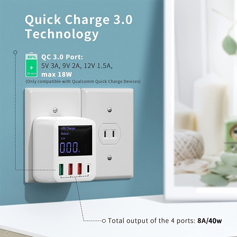 40W 4-poorts USB C-laadstation voor meerdere apparaten, PD 20W snellader en QC 3.0 voor Apple en andere USB-apparaten Wit