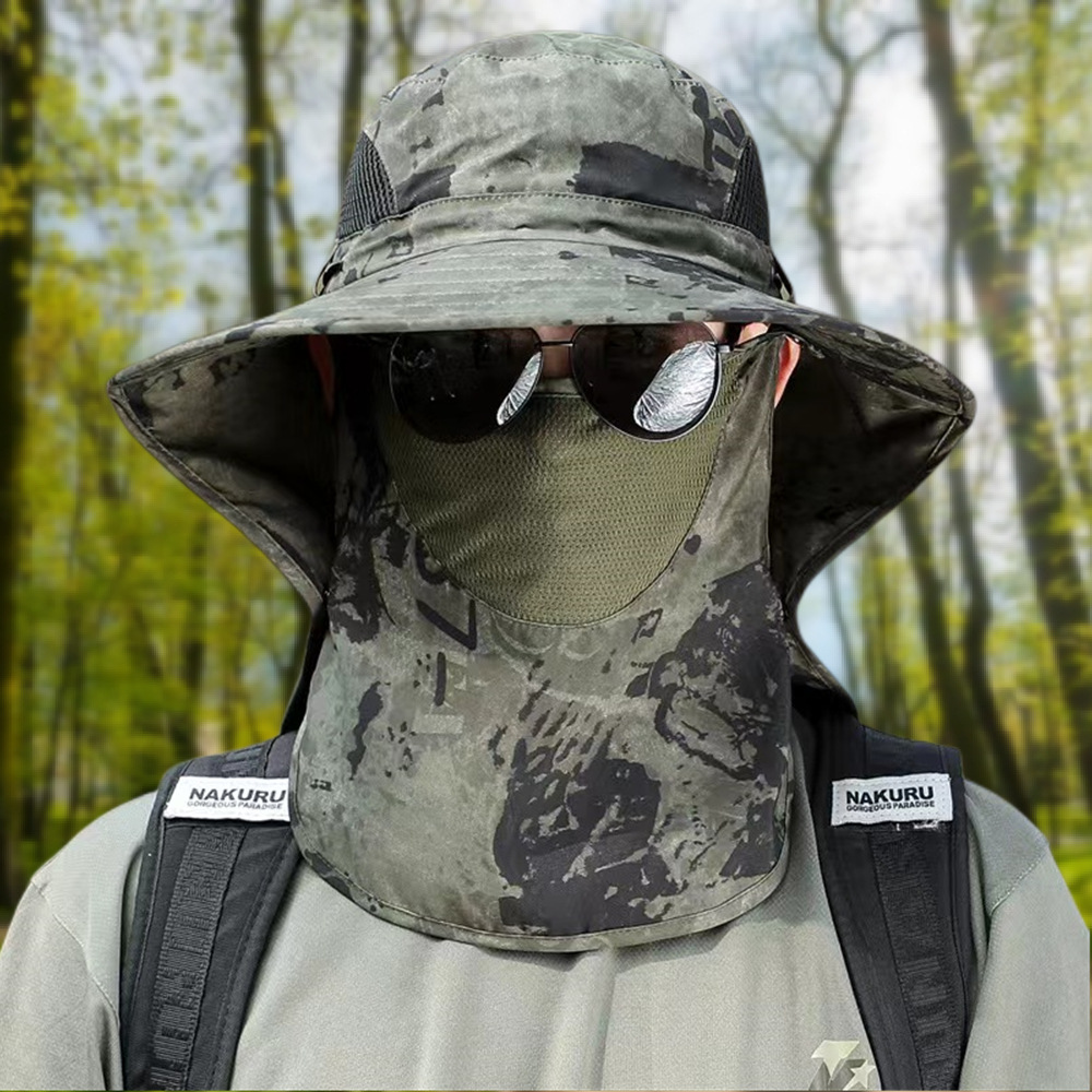 Chapeau Protection Solaire 360° - Large Bord - Chapeau Camouflage Amovible - Casquette Voyage Plein Air Homme: Vert