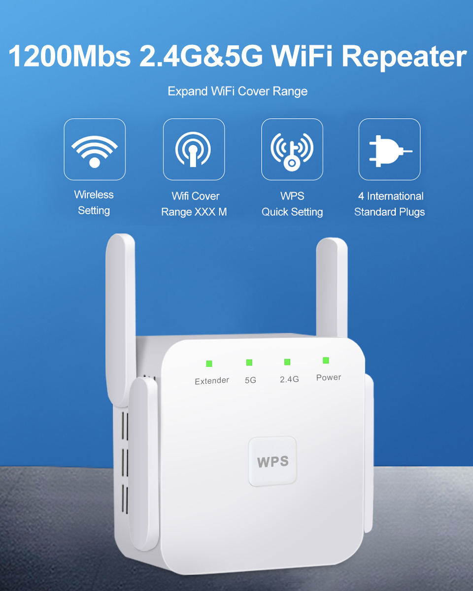 Dual Band 2.4G 5G AC1200 Wifi Repeater Wireless Range Extender 1200M Wall Repeater WiFi Amplifier Booster for Home Networking