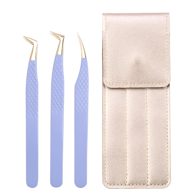 3Pc Eyelash extension Tweezers Set With Bag Stainless Steel Accurate 3D Volume Fan Lash Eyebrow Tweezer Makeup Tools Accessories: Light Coffee