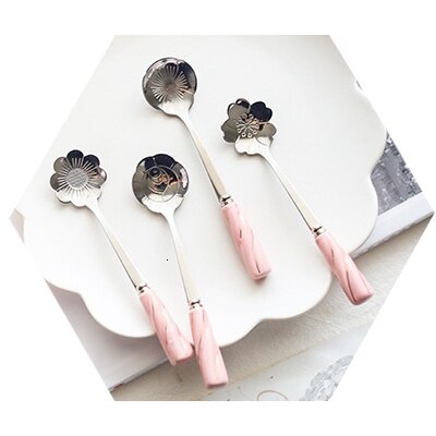 4Pcs Rvs Lepel Set met Keramische Handvat Bloemen Shape Ice Thee Koffie Lepel Dessertlepel Keuken Drinken Servies: Pink silver
