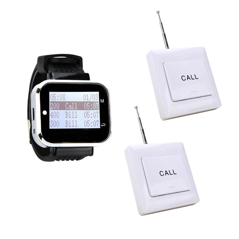 Lange Afstand Zender Draadloze 2 Belknop + 1 Polshorloge Ontvanger 433Mhz Voor Restaurant Fabriek Cafe Kliniek Bar: Au