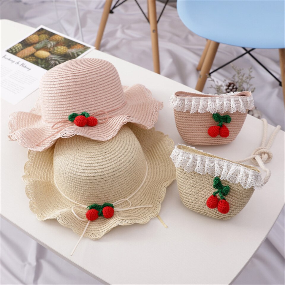 Baby Outdoor Sunscreen Straw Hat Straw Bag Set Cute Cherry Decoration Photography Fisherman Cap Lace Side Shoulder Straw Bag