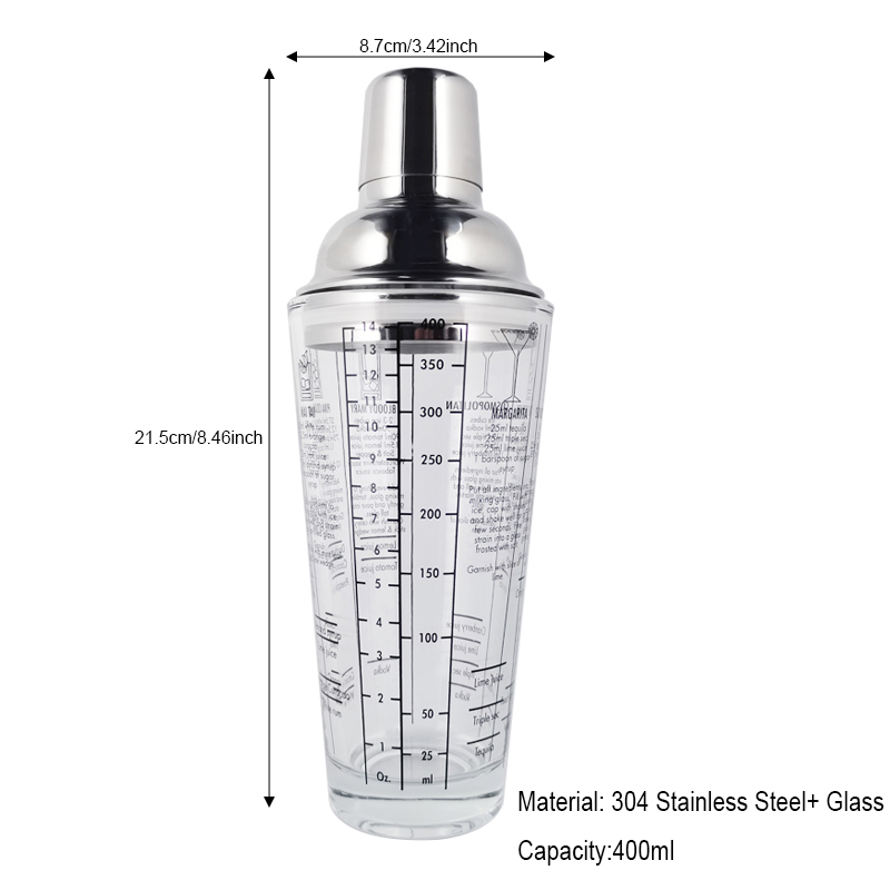Stainless Steel Built-in 700ml Cocktail Shaker with Recipe Guide Rotation: Glass Shaker 400ML