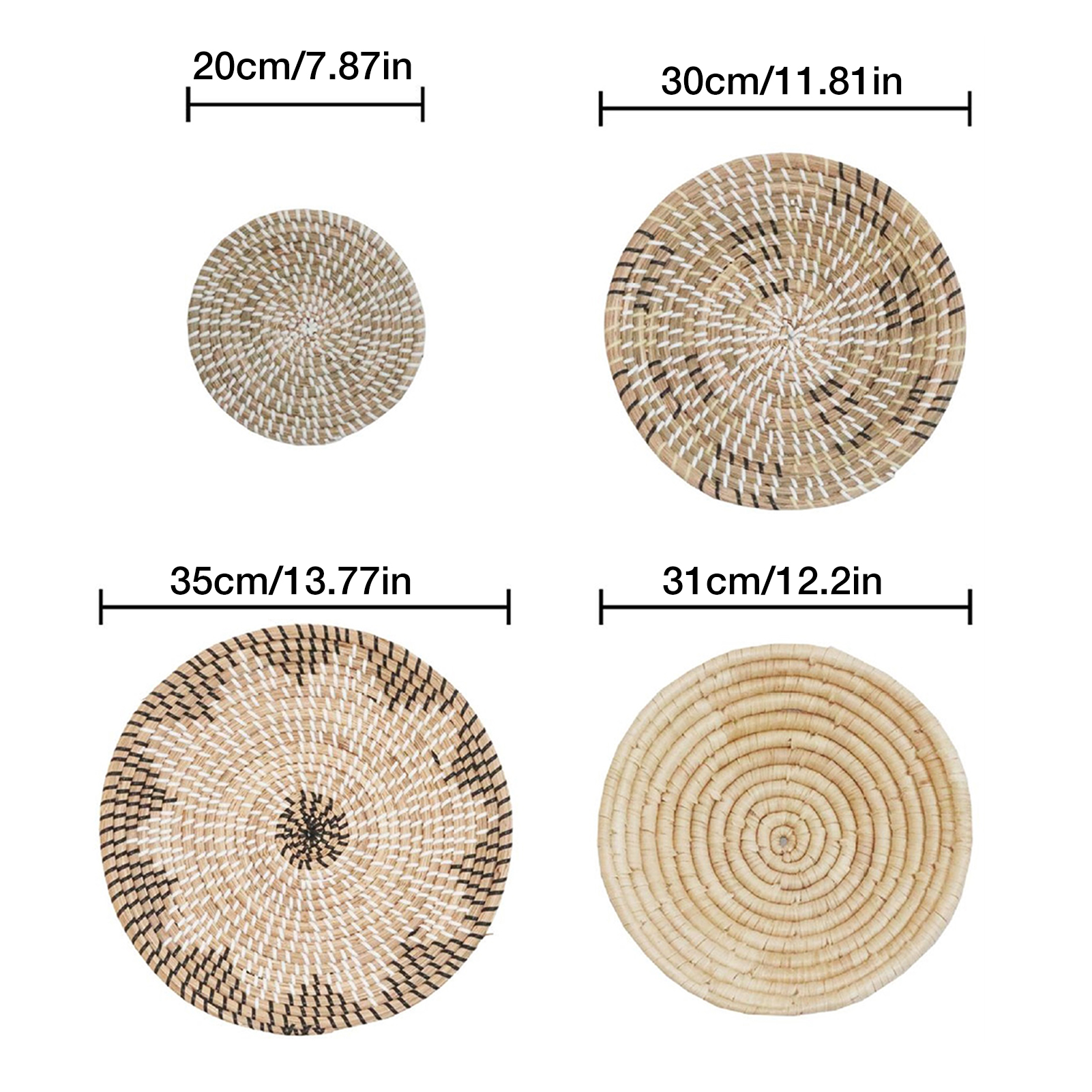5PCS Woven Basket Wall Decor Wicker Wall Hangings Boho Art Home Décor Round Woven Wicker Baskets Different Sizes 8 To 14 Inch