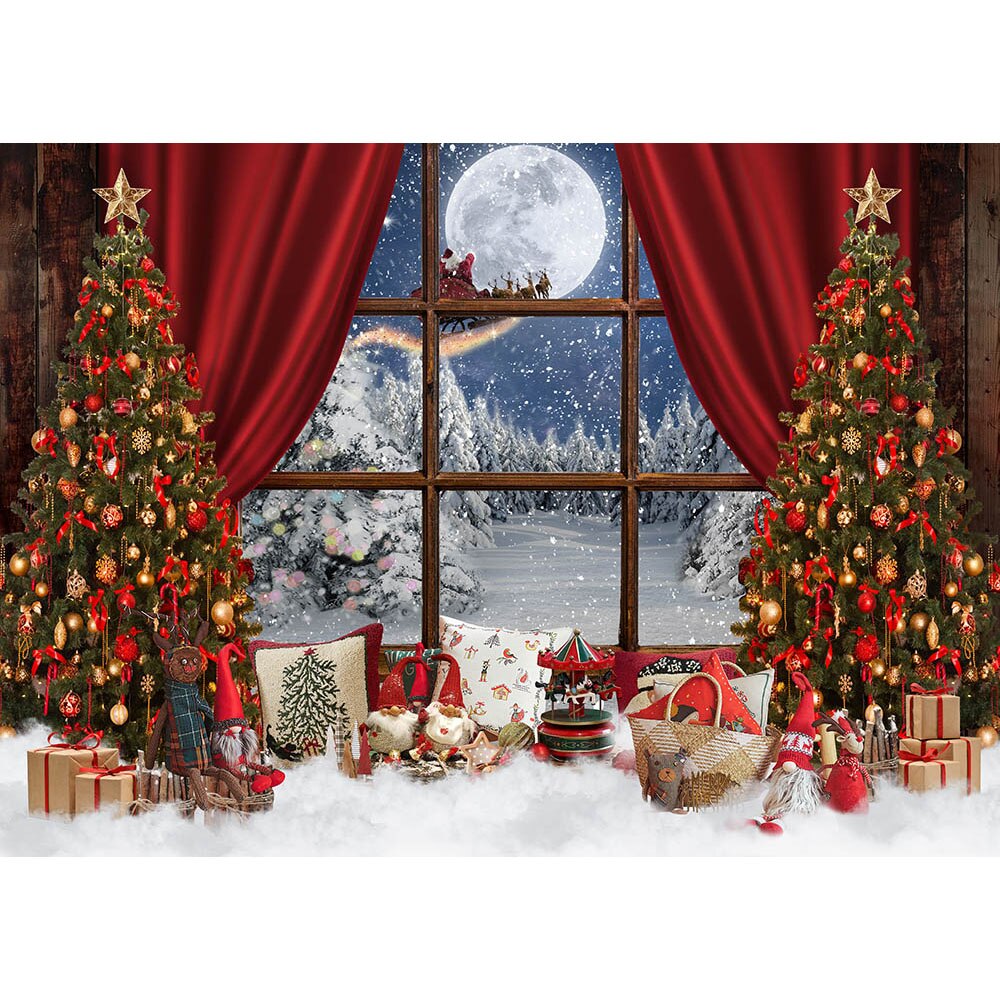 Children Kids Christmas Portrait Background for Photography Pine Tree Boxes Red Curtain White Snow Scene Photo Background