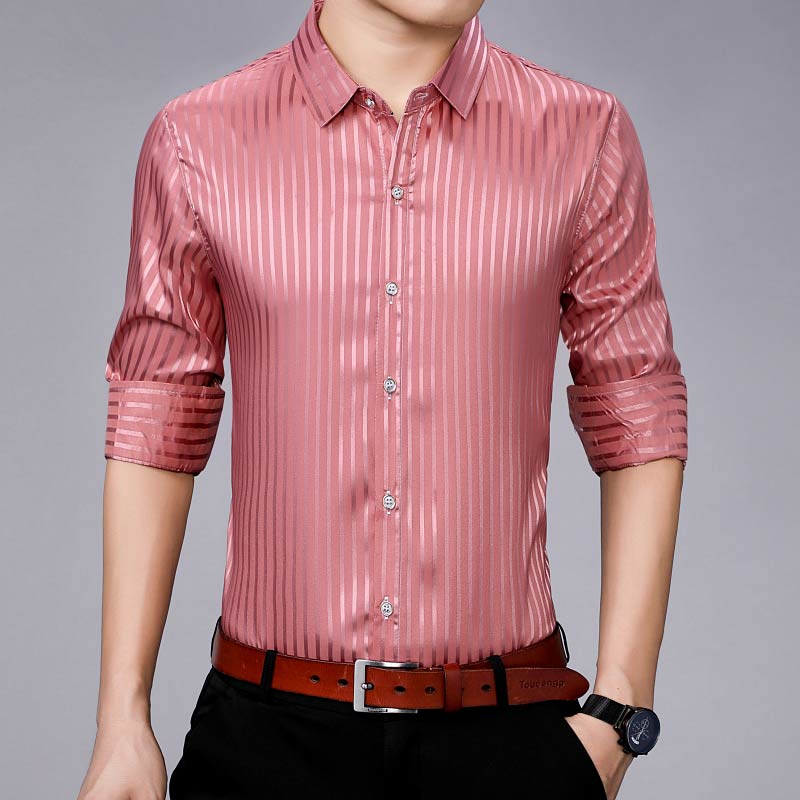 Chemise à manches longues pour homme, streetwear, décontracté, à rayures, slim, coupe régulière, à la , , 90309: Rose / XXXL