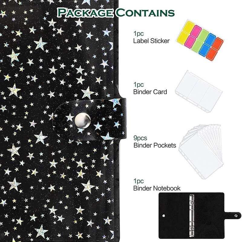 11Pcs A6 Budget Binder PVC 6 Ring Refillable Binder Cover with 9 Binder Pockets/1 Binder Card / 1 Label