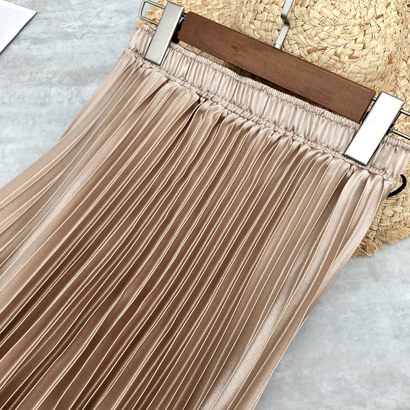 Forår kvinder midi nederdele metallic farve skinnende plisseret nederdel ensfarvet sølv guld lang nederdel satin femme jupe kontor dame