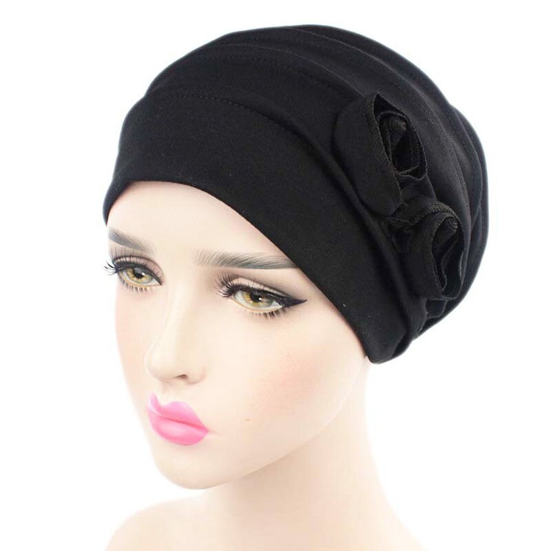 Naiveroo kvinnor blomma muslimsk hatt mössa hatt cancer elastisk kemo bomull huvud wrap enfärgad hatt huvudbonader turban keps: Svart