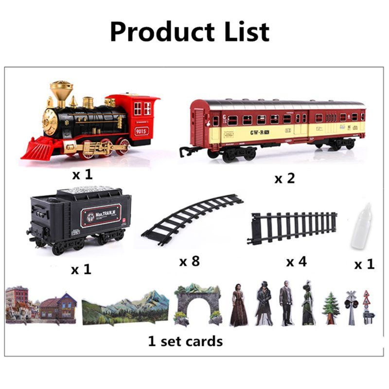 TEMI Electronic Classic Railway Train Sets w/ Steam Locomotive Engine, Cargo Car and Tracks, Battery Operated Play Set T