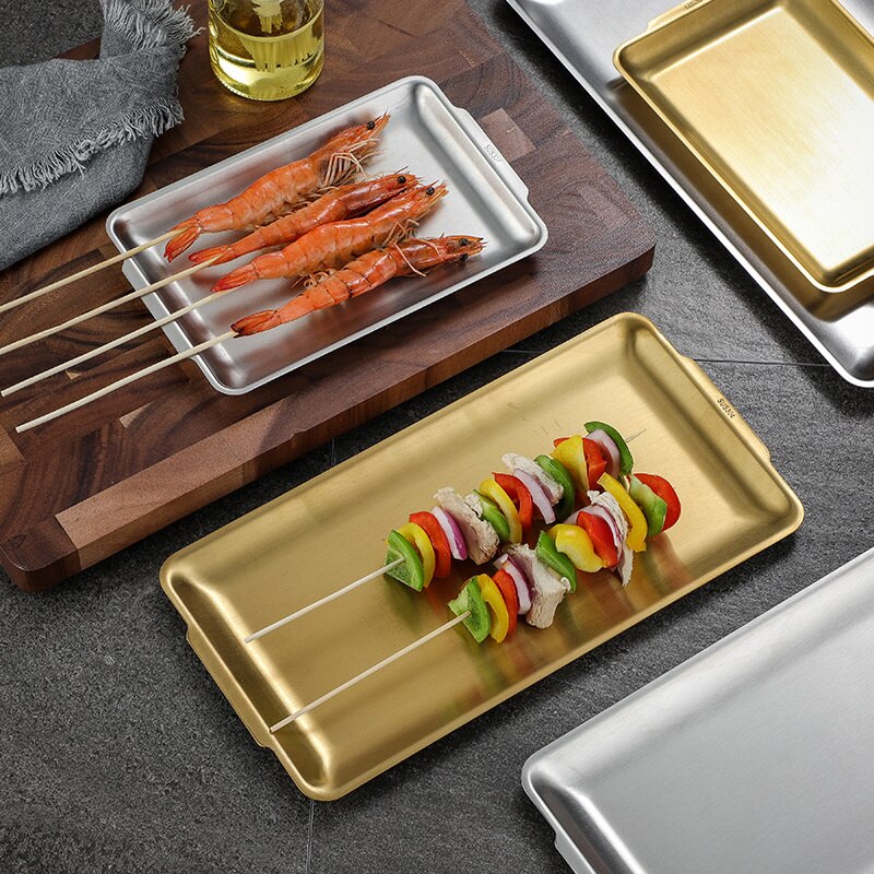 Stainless Steel Serving Dishes Grill Plates Restaurant Gold Serving Tray Rectangular Dessert Cake Snack Dishes Plate Cutlery