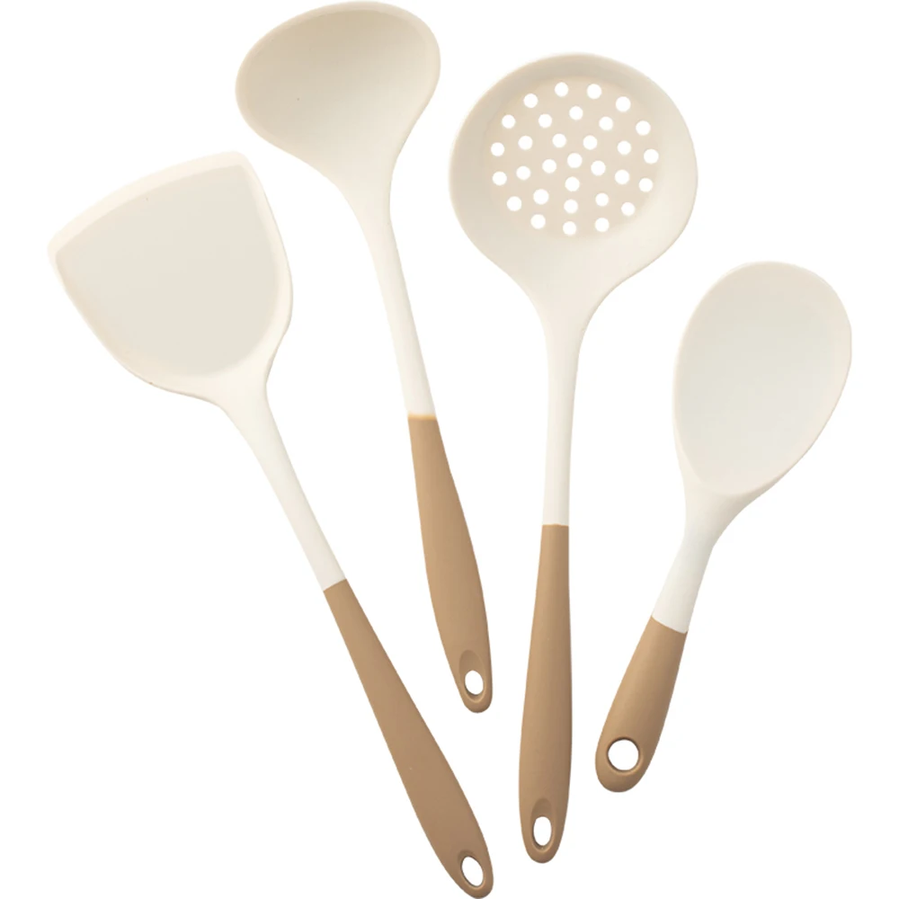 Juego de utensilios de cocina de silicona de 4 piezas con sartenes antiadherentes, espátula de silicona, cucharón de sopa, cuchara ranurada, herramientas de cocina para Cocina: Gris claro