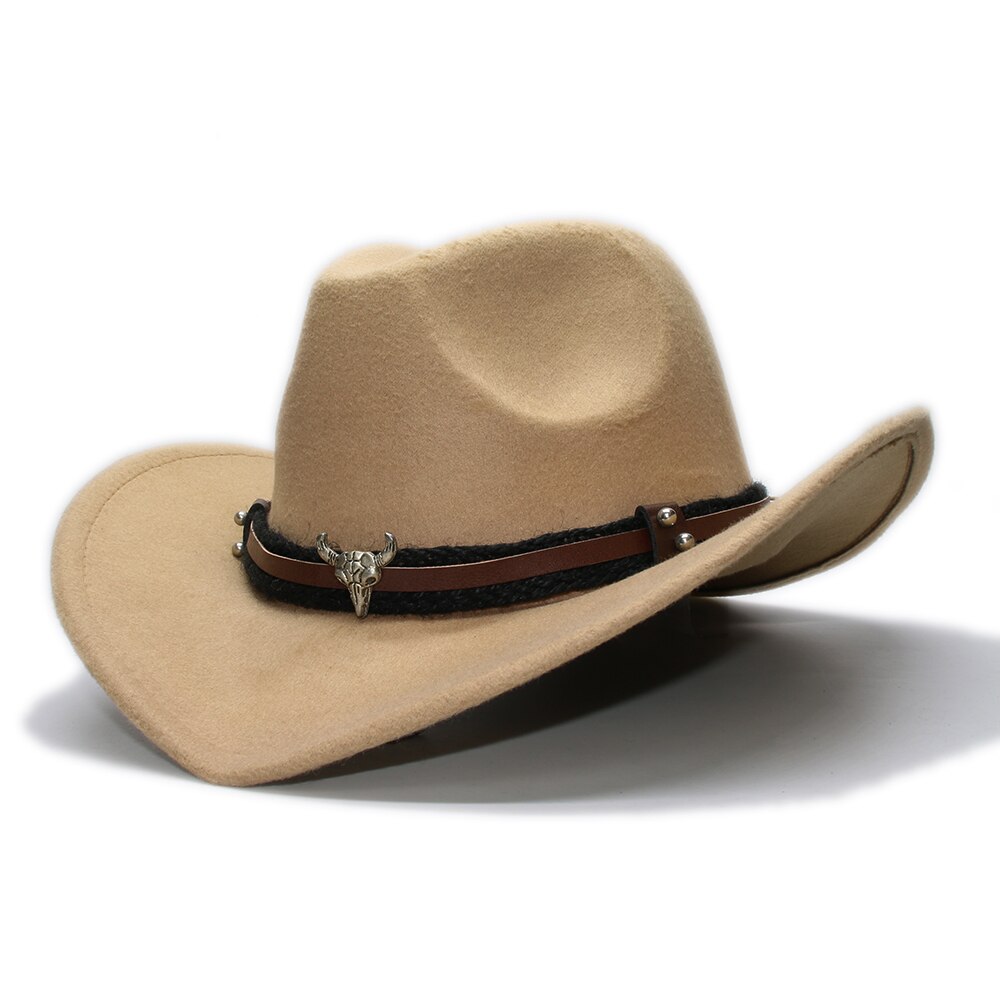 Large Plus 61cm Retro Women Men Wool Wide Brim Cowboy Western Cowgirl Hat Funeral Formal Fedora Cap Bull Head Oxhead Braid Band: Camel