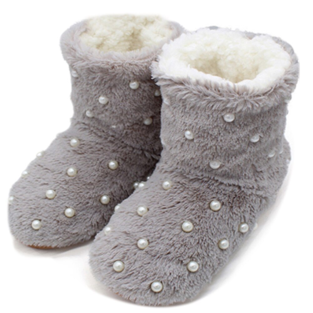 Nyaste kvinnor dam tofflor stövlar plysch mjuk varma fleece golvstrumpor tossor pärla golv skor
