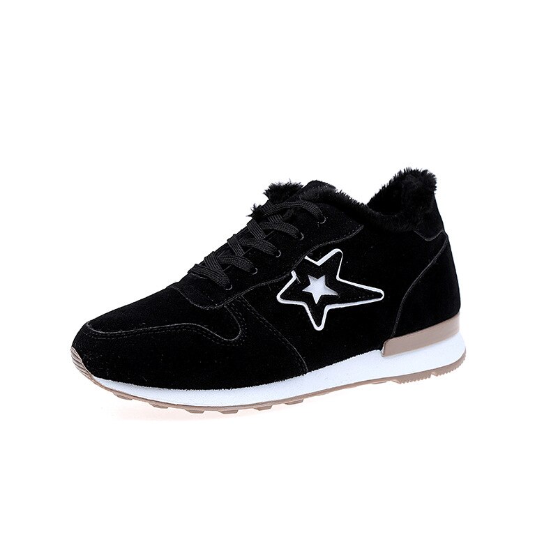 Women's Fur Lined Sneakers - Warm Winter Running Shoes with Rubber Sole & Star Pattern: Black / 5.5